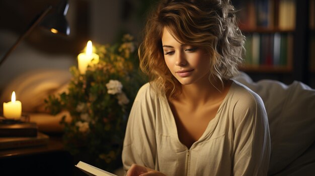 Foto giovane donna che legge un libro a casa