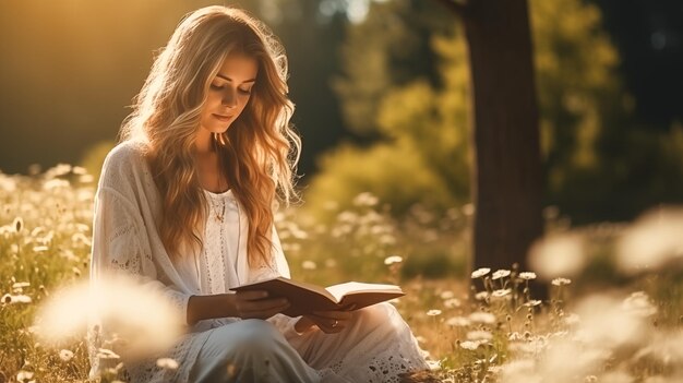 Foto giovane donna che legge un libro in natura seduta alla calda luce solare