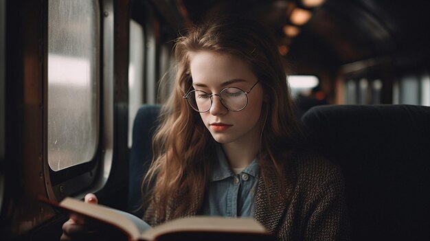 電車の旅で本を読む若い女性