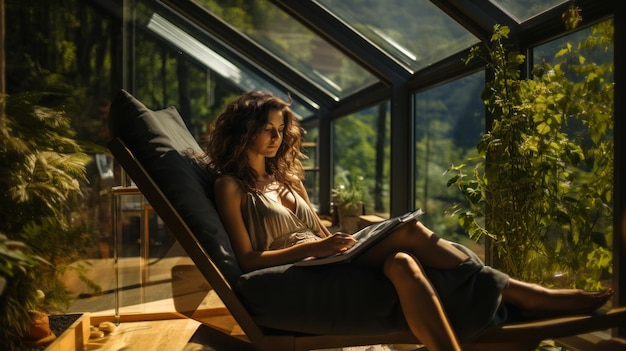 Young woman reading a book while relaxing on a deck chair by the window in eco modern green house