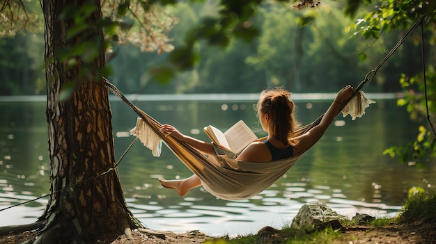 Foto giovane donna che legge un libro mentre si rilassa in un'amaca l'amaca è appesa tra due alberi e la donna è circondata da una foresta verde lussureggiante