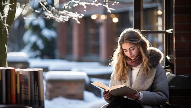 Young woman reading a book in winter