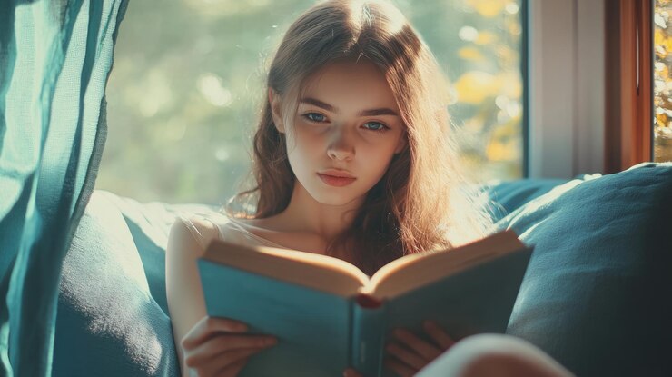 Фотография молодая женщина читает у окна