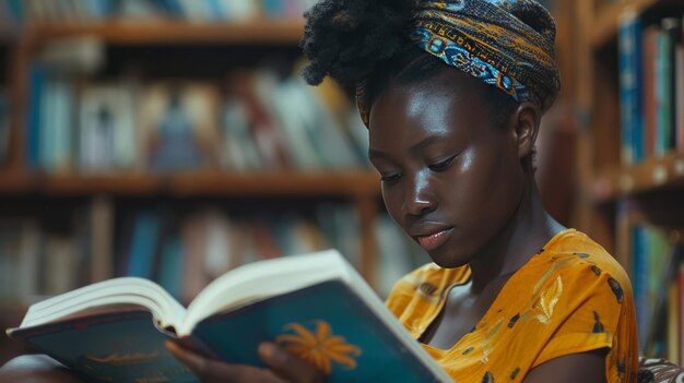 Young Woman Reading in a Library