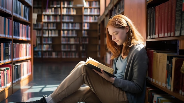 Young woman reading at the library