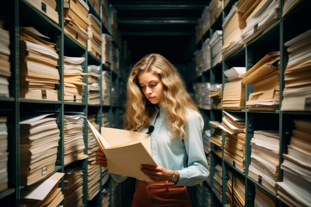 Young woman reading old folder documents Pile paper Generate Ai