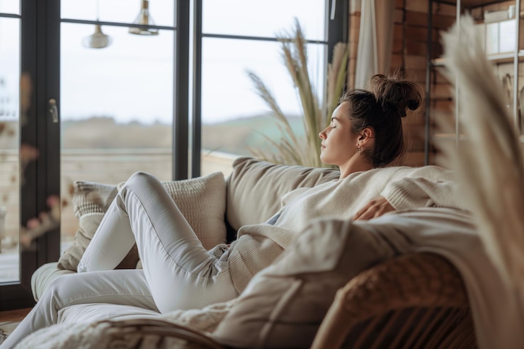 Young woman reads a book on the sofa in the living room