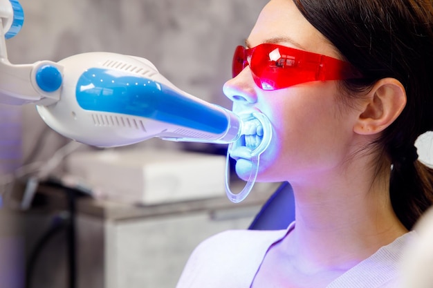 A young woman receives a teeth whitening procedure at a dental clinic