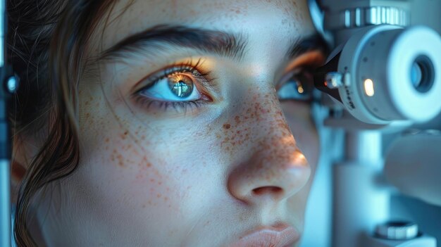 Photo young woman receiving an eye exam with modern equipment in an optometrists office