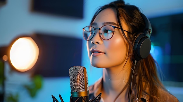 ホームスタジオでポッドキャストを録音する若い女性 コンテンツ作成に重点を置く 現代技術を使用する カジュアルなスタイル 親密な環境 AI