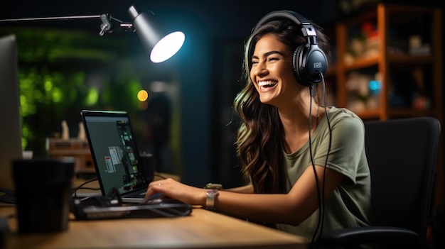 Young woman records a podcast in her home office