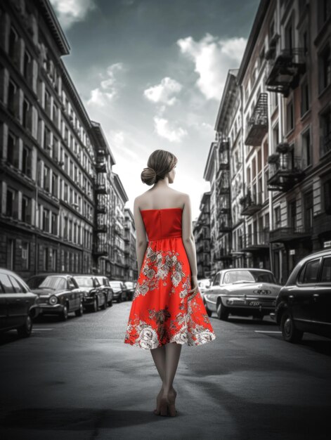 A young woman in a red dress against the backdrop of a gray city AI generative