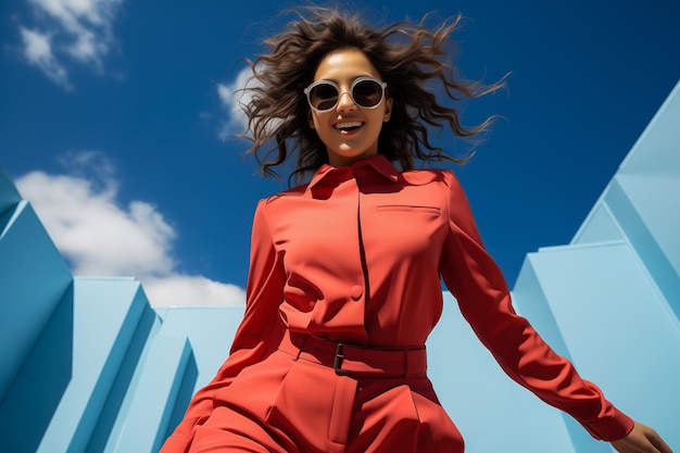 Foto una giovane donna con un vestito rosso contro il cielo