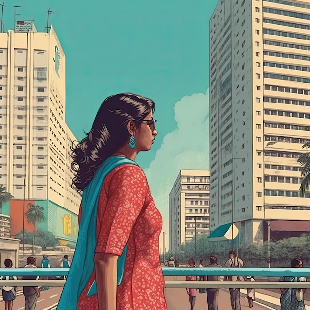 Young woman in a red dress on the background of the city