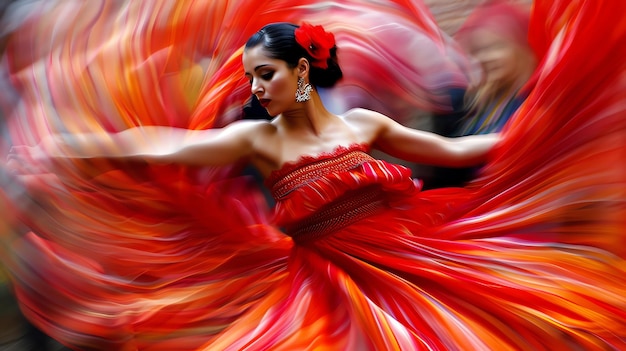 Foto una giovane donna con un vestito rosso sta ballando appassionatamente ha i capelli e gli occhi scuri e indossa un fiore rosso nei capelli