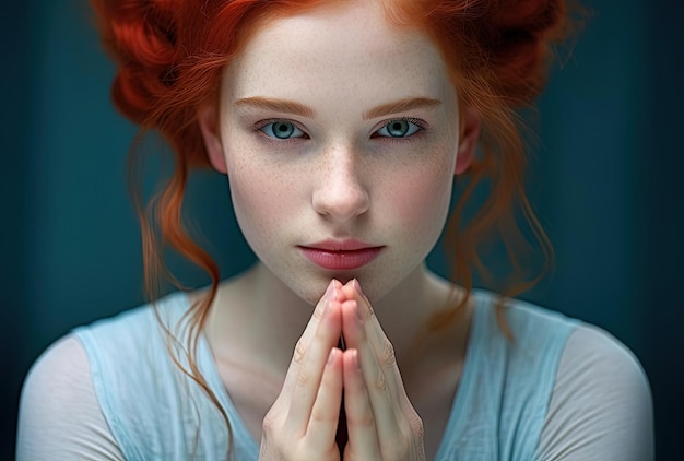 young woman in red hair in yoga pose in the style of light white and azure