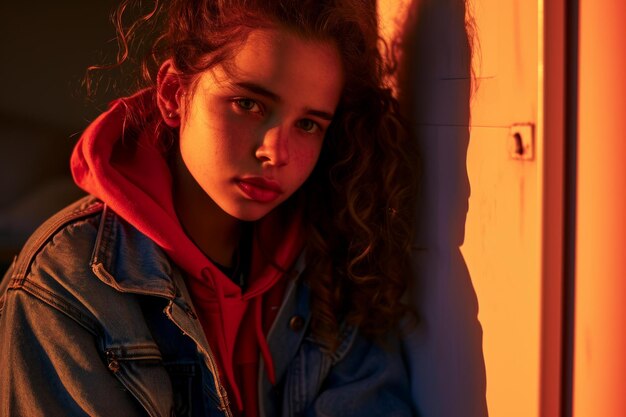 Photo a young woman in a red hoodie and denim jacket leaning against a wall