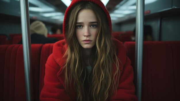 A young woman in a red hoodie sitting on a train