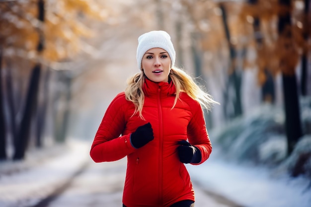 Foto giovane donna con una giacca rossa che fa jogging nel parco invernale