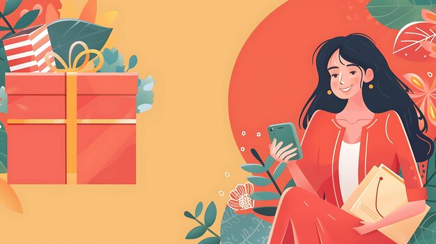 Photo a young woman in a red suit is sitting on a large gift box she is holding a smartphone and smiling there are flowers and leaves in the background