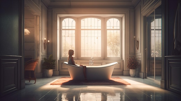 Foto giovane donna che si rilassa nella vasca da bagno a casagenerativa ai