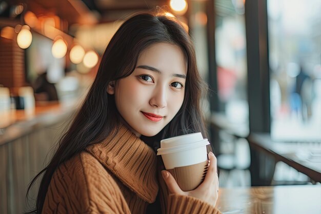 Молодая женщина отдыхает, пьет кофе в кафе.