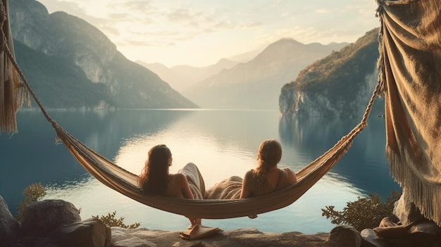Young woman relaxing in hammock on the lake at sunrise with AI generated