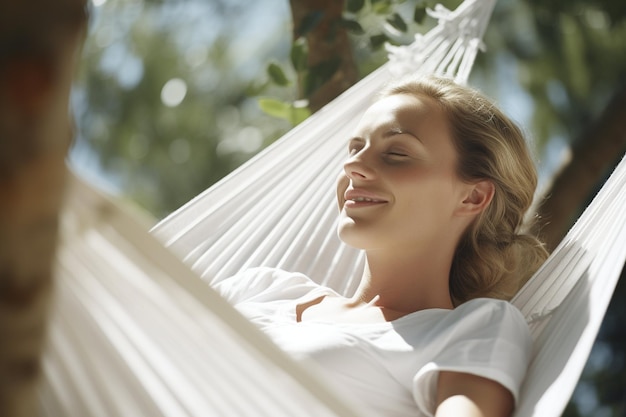 Photo young woman relaxing in hammock