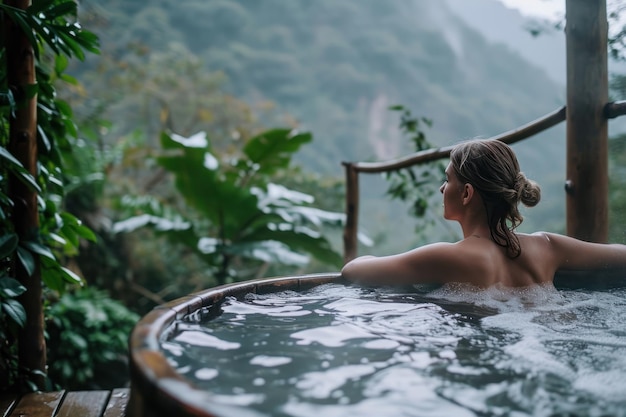 自然の山の背景でホットタブでリラックスする若い女性