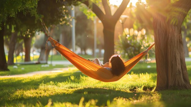 Фото Молодая женщина отдыхает в гамаке в парке она наслаждается теплой погодой и солнечным светом