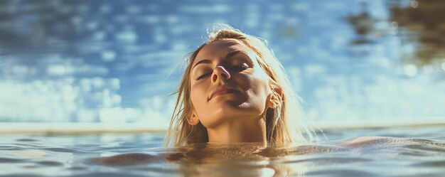 Фото Молодая женщина отдыхает в бассейне в спа-курорте.