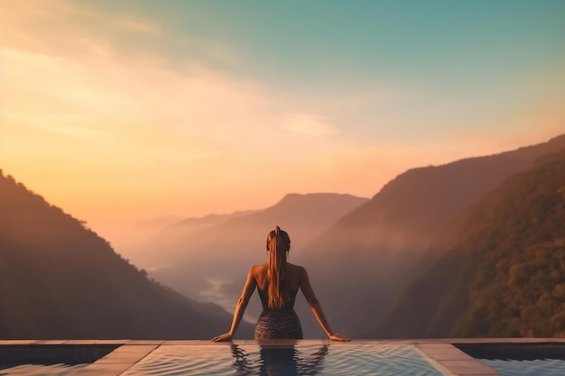 Молодая женщина отдыхает в роскошном открытом бассейне Infinity Edge, восхищаясь туманными холмами и зелеными горами на закате.