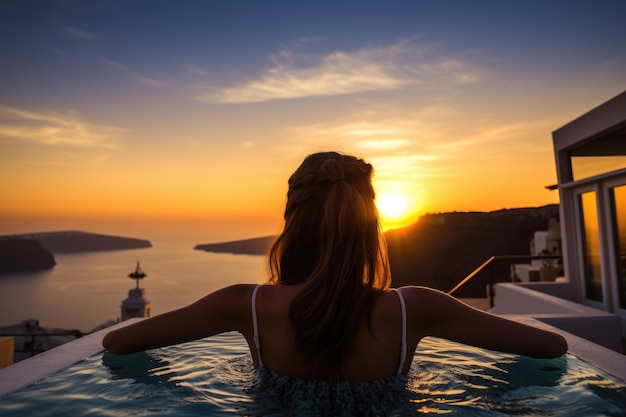 Молодая женщина отдыхает в бассейне на закате в Санторини Греция Роскошные путешествия Санторини отдых женщина с задним видом плавает в бассейне джакузи отеля смотрит на закат ИИ