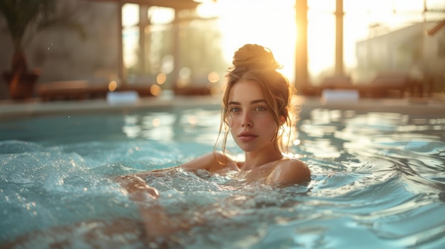 Young Woman Relaxing in a Jacuzzi during Golden Hour