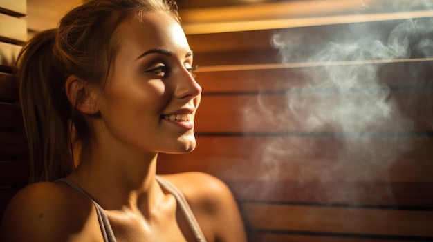 Young woman relaxing in a spa sauna surrounded by steam