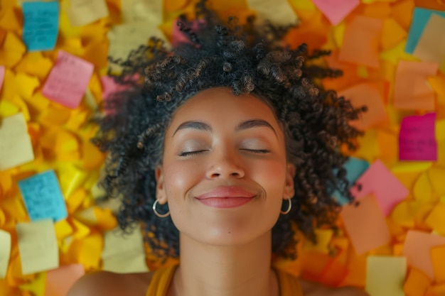 Young Woman Relaxing Surrounded by Colorful Sticky Notes on Yellow Background Creative