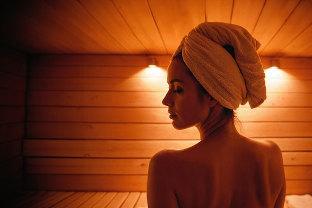 Foto giovane donna che si rilassa e suda in una calda sauna tradizionale in legno avvolta in un asciugamano trattamento spa