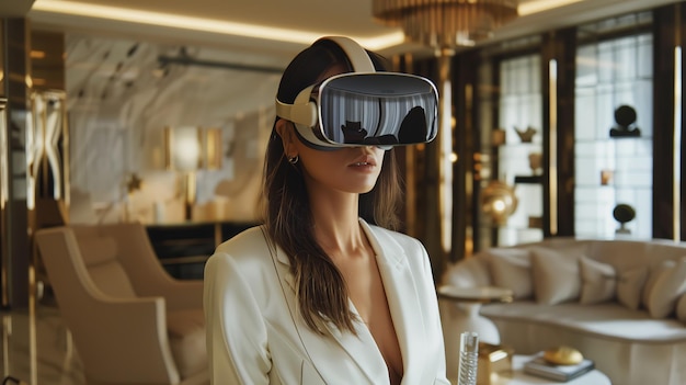 Young woman relaxing with virtual reality headset gaming in contemporary room Cute gamer enjoying