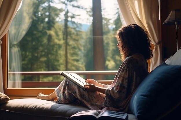 Young woman resting at beautiful country house or hotel sitting on the window sill enjoying beauti