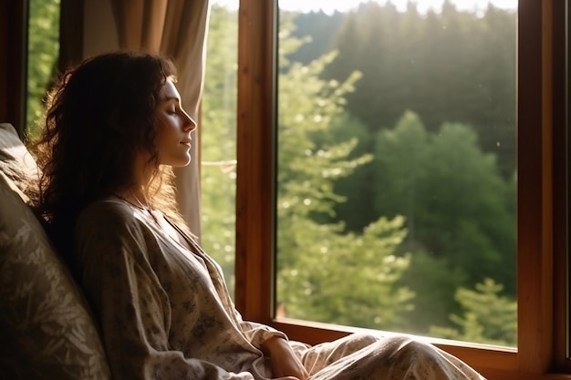 Photo young woman resting at beautiful country house or hotel sitting on the window sill enjoying beautif