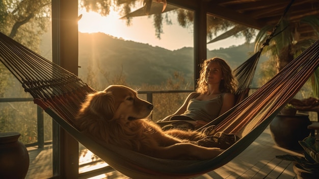 Young woman resting with her pet dog a golden retriever