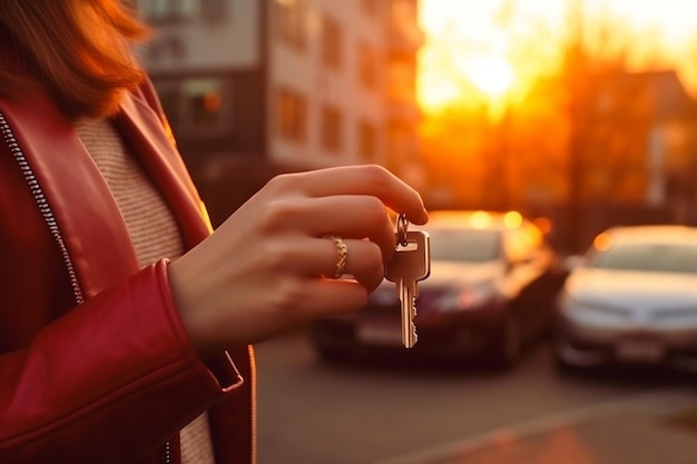 Photo young woman retrieving car key concept of ownership and mobility generative ai