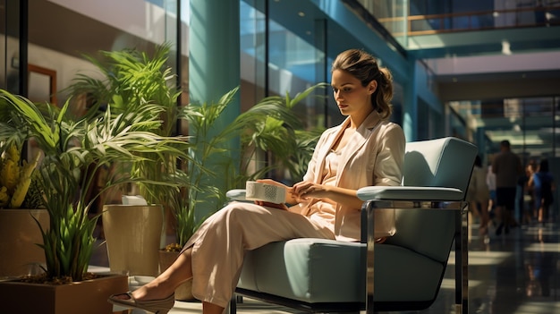 Young woman in a retro dress sitting in the chairgenerative ai