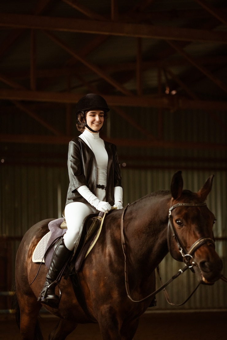 Photo 馬場馬術の若い女性ライダーは、競争中の馬の抽象的なショットかわいい女の子の騎手si ...
