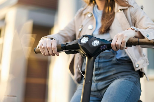 若い女性が街で電気スクーターに乗っている