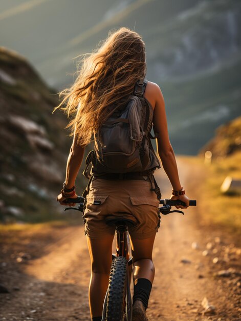 Young Woman Riding Bicycle on Beautiful Mountain