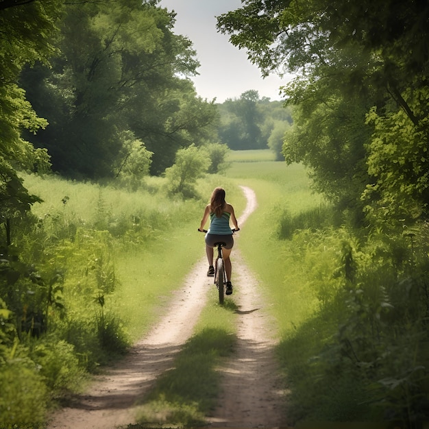 Молодая женщина едет на велосипеде по грунтовой дороге в зеленом лесу