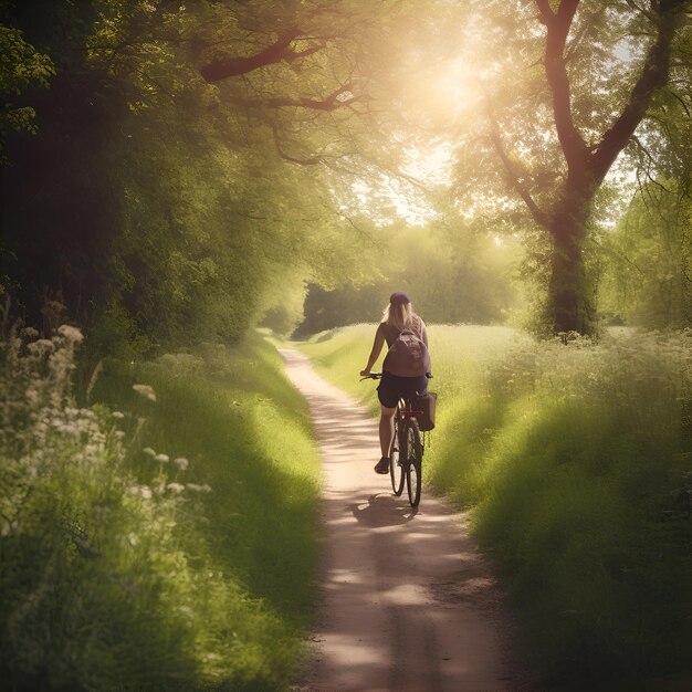 Photo young woman riding a bicycle in the forest at sunset healthy lifestyle concept