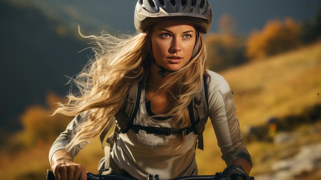 Young woman riding bicycle on mountain trail