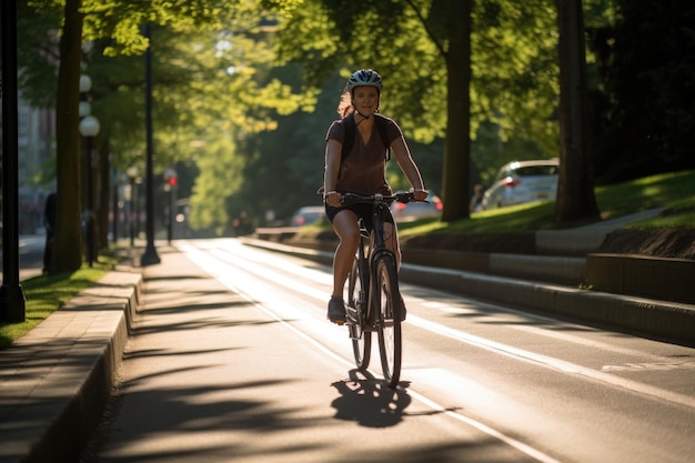 街の晴れた日に自転車に乗っている若い女性 スタイリッシュな電気自転車で専用の自転車レーンをズリズリ走っている人 AI生成